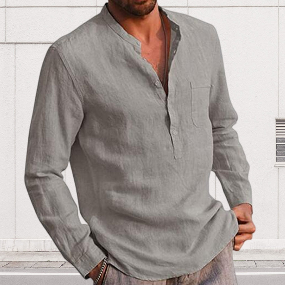 Men's Long Sleeve V Neck Casual Beach Linen Shirt