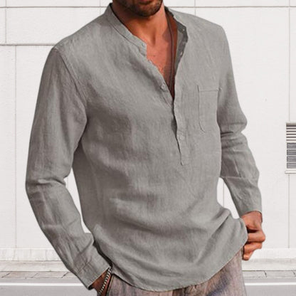 Diggetty Men's Long Sleeve V Neck Casual Beach Linen Shirt