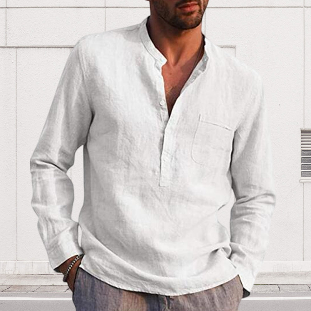 Men's Long Sleeve V Neck Casual Beach Linen Shirt