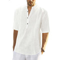 Cotton Linen Stand Collar Button Short Sleeve Shirt