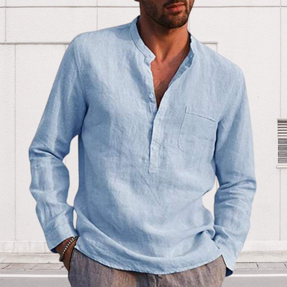 Men's Long Sleeve V Neck Casual Beach Linen Shirt