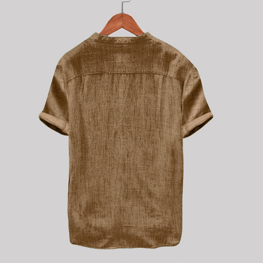 Men's stand collar short sleeve cotton linen shirt