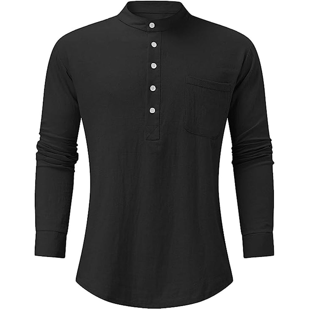 Men's Long Sleeve V Neck Casual Beach Linen Shirt