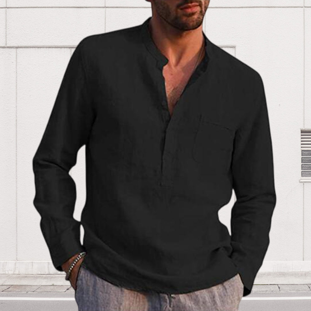 Diggetty Men's Long Sleeve V Neck Casual Beach Linen Shirt